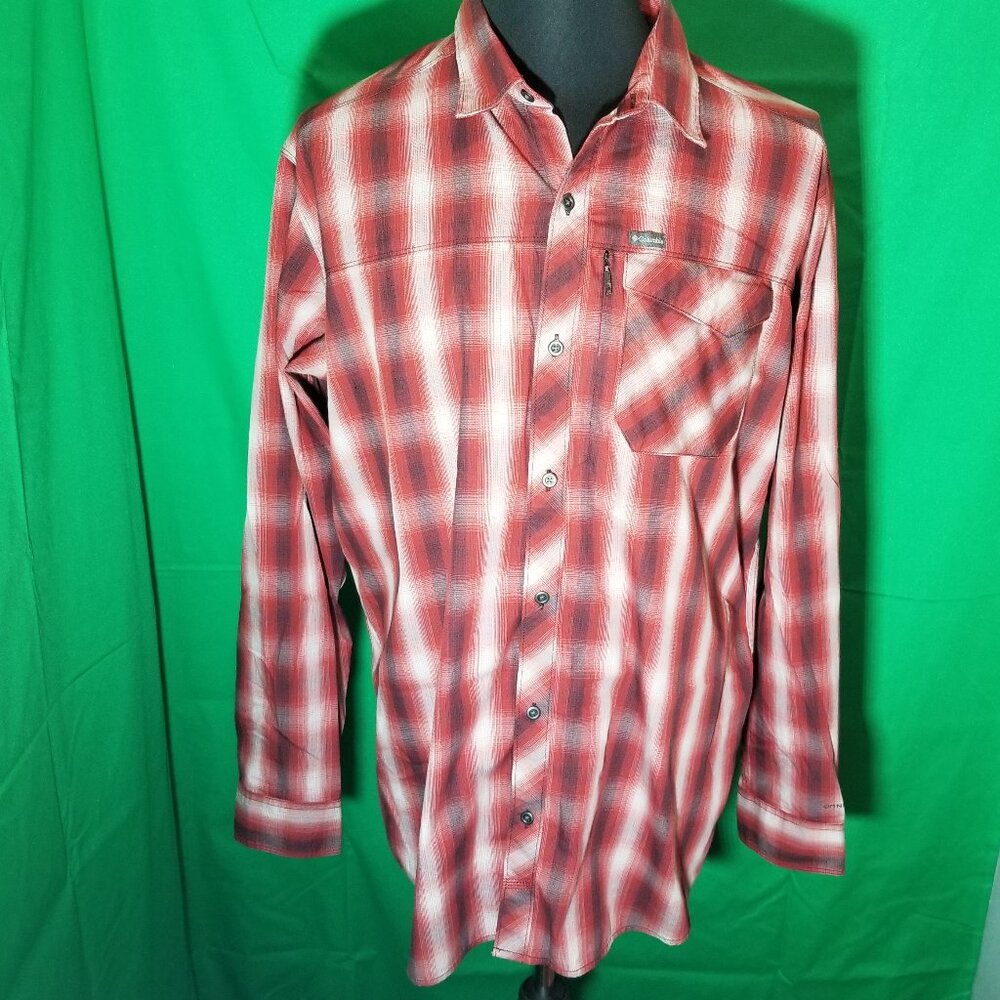 Columbia Mens Large Red Plaid Long Sleeve Button-Down Shirt Outdoors Hiking